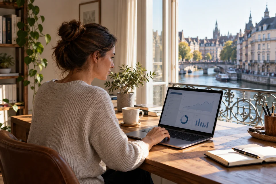 Consultation d’un compte bancaire sur un ordinateur portable, depuis un appartement.
