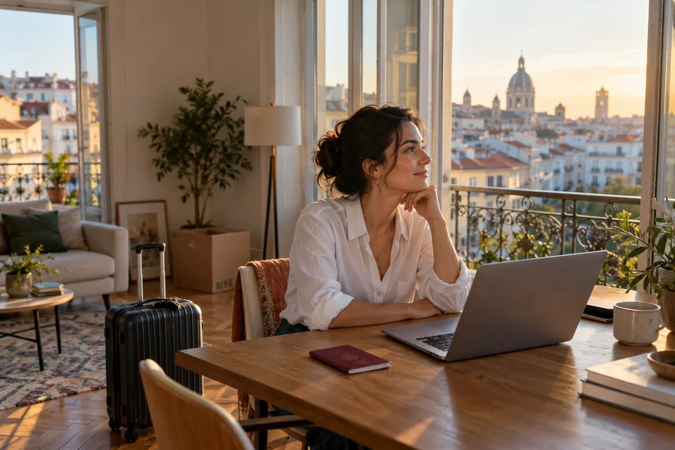 Une expatriée organise son installation dans un nouvel appartement avec son ordinateur.