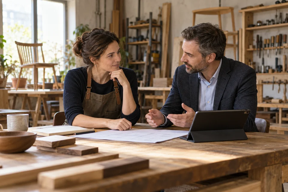 Une entrepreneuse examine le financement de son atelier avec un conseiller.