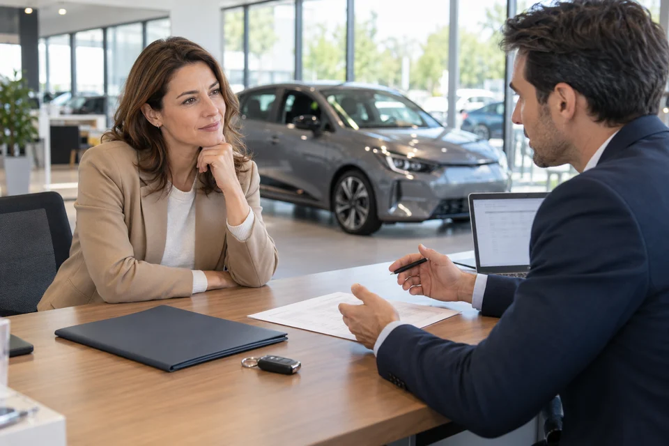 Cliente et conseiller examinant un dossier de crédit devant un véhicule. Illustration : Crédit auto à l’étranger
