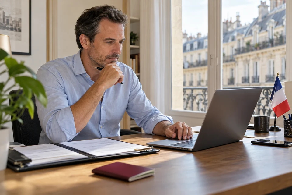 Préparation de documents bancaires internationaux dans un appartement parisien.