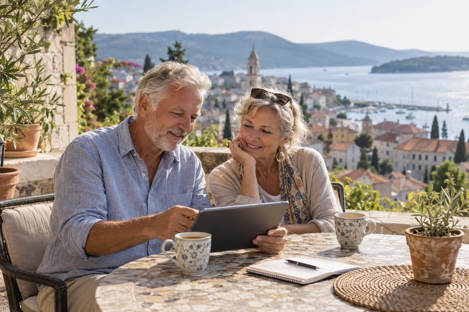 Un couple de retraités consulte une tablette sur une terrasse lumineuse.