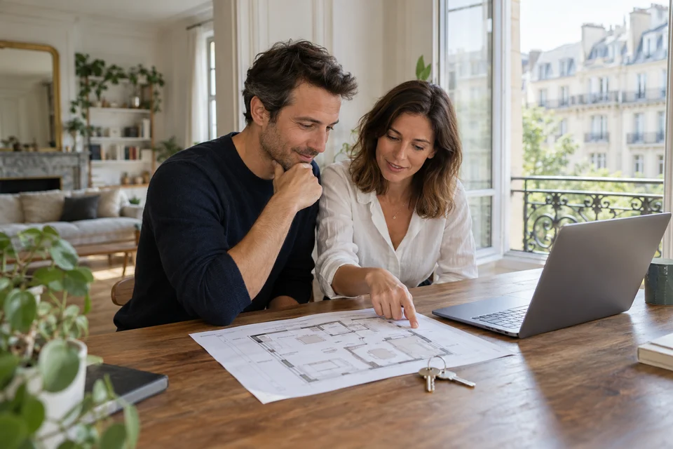 Un couple étudie le plan d’un logement avec des clés posées sur la table.