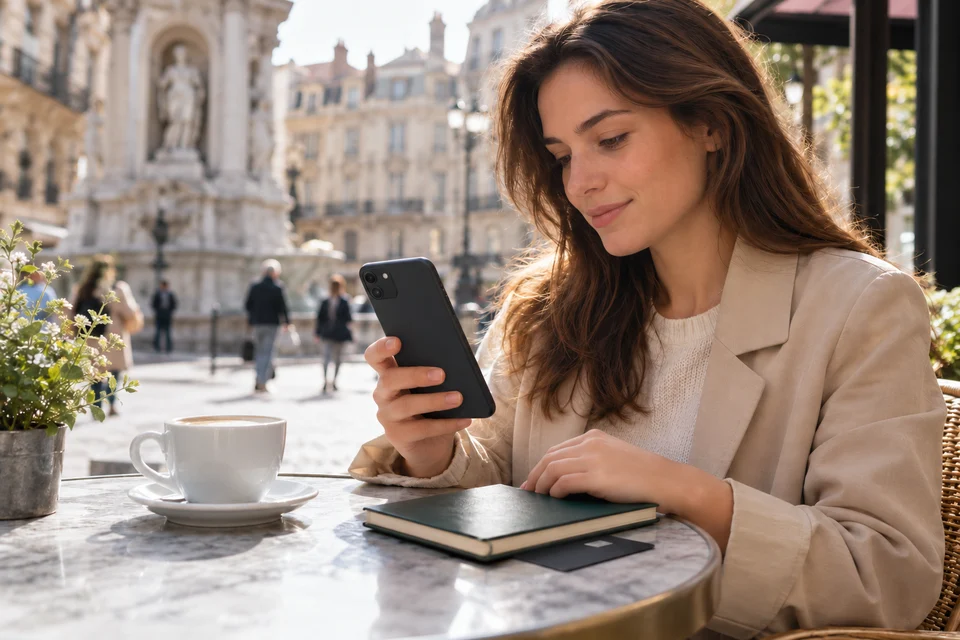 Utilisation d’une application bancaire sur un smartphone à la terrasse d’un café.